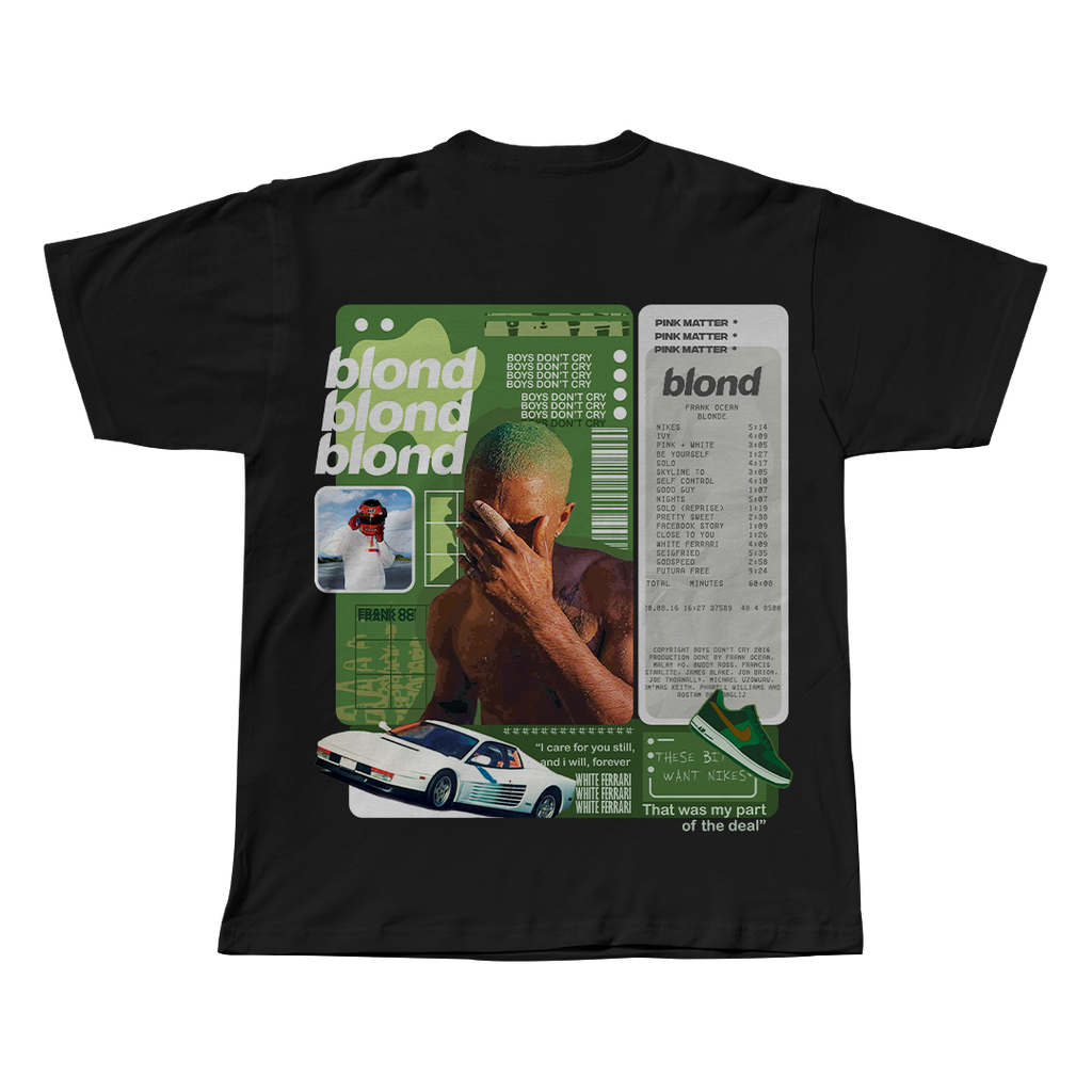 Blonde Frank Ocean black oversized streetwear tee front view by Pink Matter
