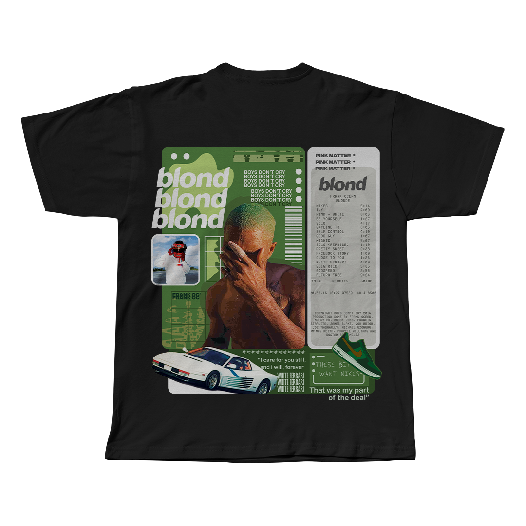Blonde Frank Ocean black oversized streetwear tee front view by Pink Matter