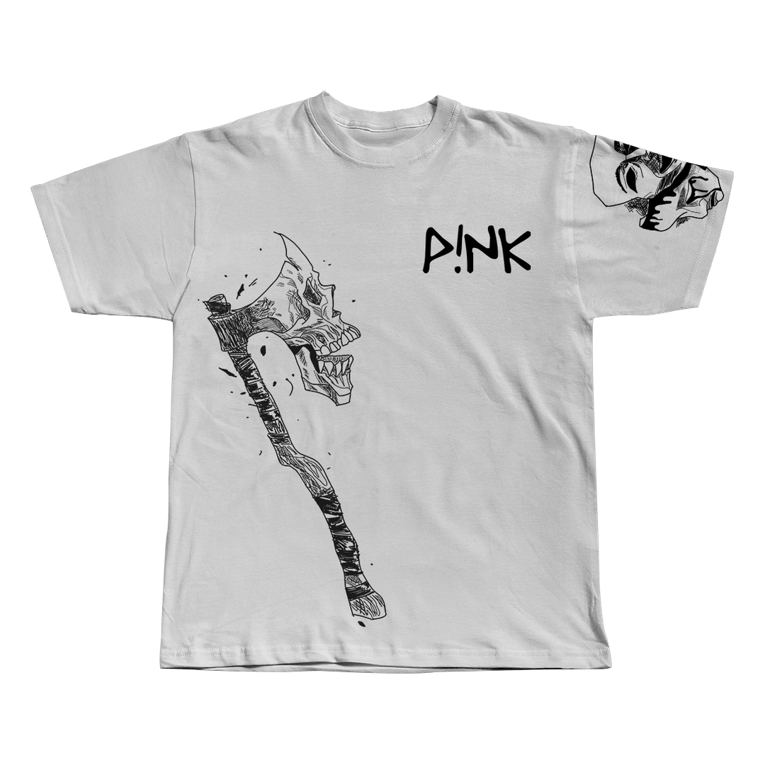 War Axe white oversized streetwear tee by Pink Matter