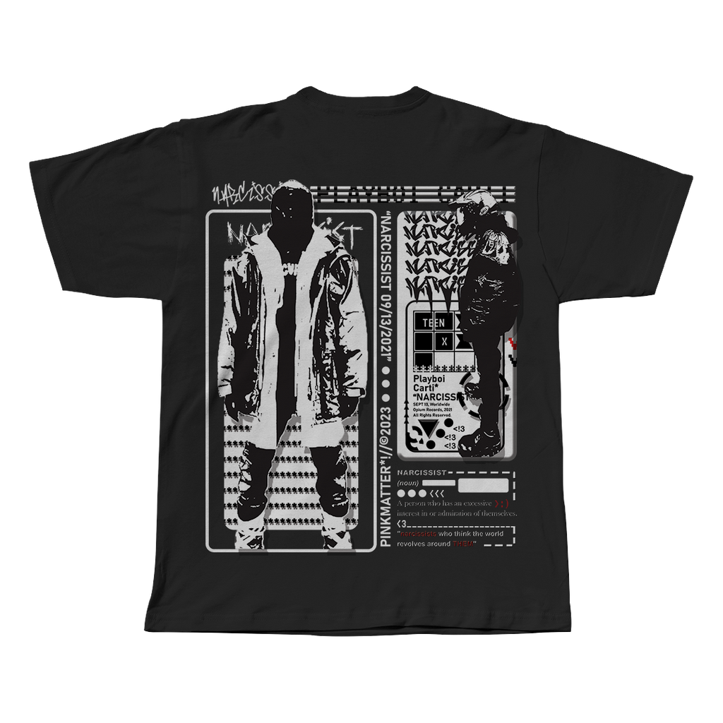 Narcissist V2 Playboi Carti black oversized streetwear tee back view by Pink Matter