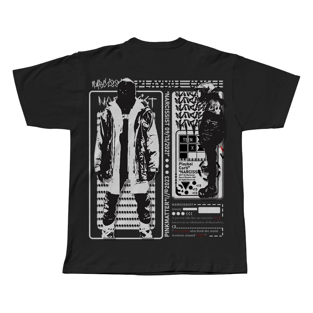 Narcissist V2 Playboi Carti black oversized streetwear tee back view by Pink Matter