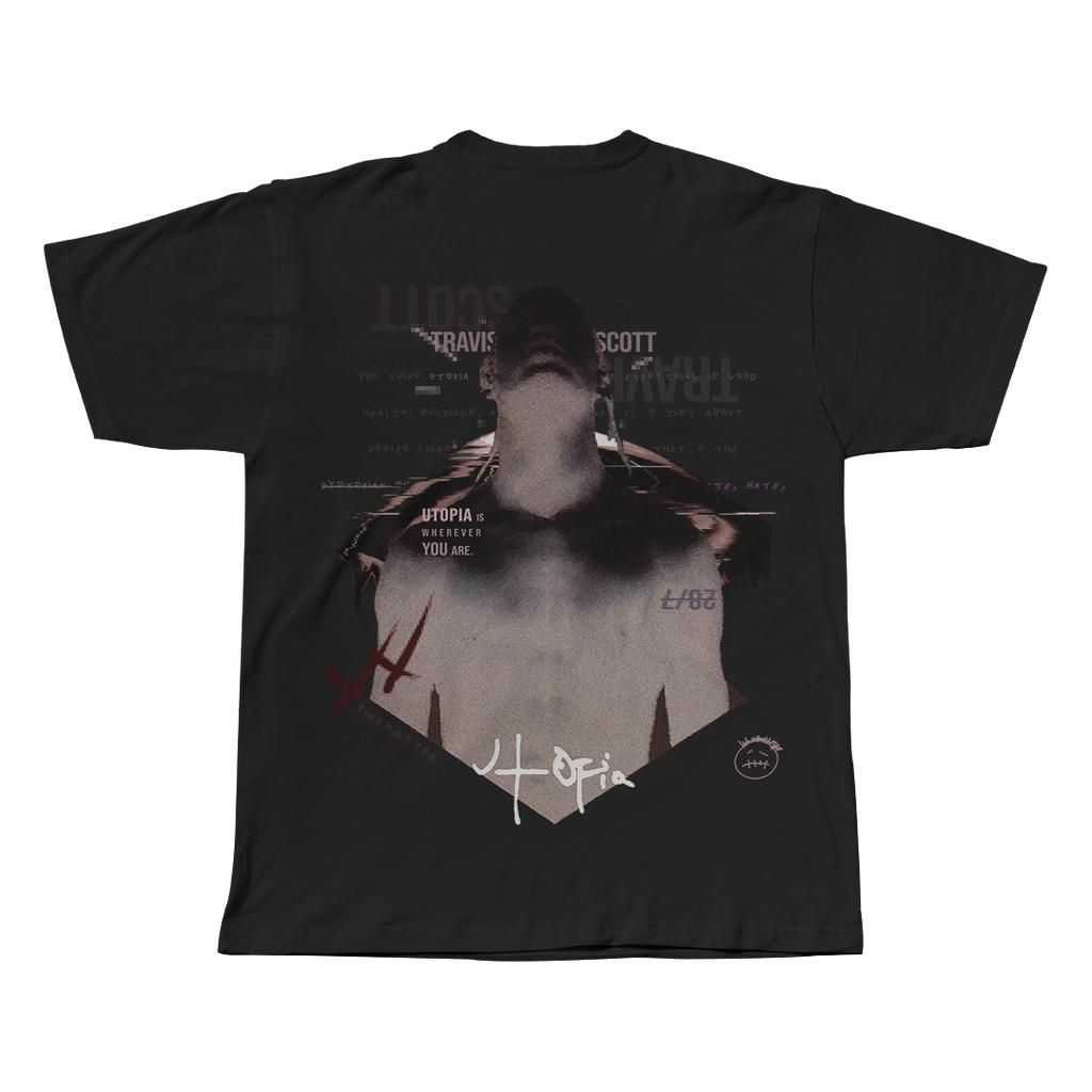 Utopia Travis Scott black oversized streetwear tee back view by Pink Matter