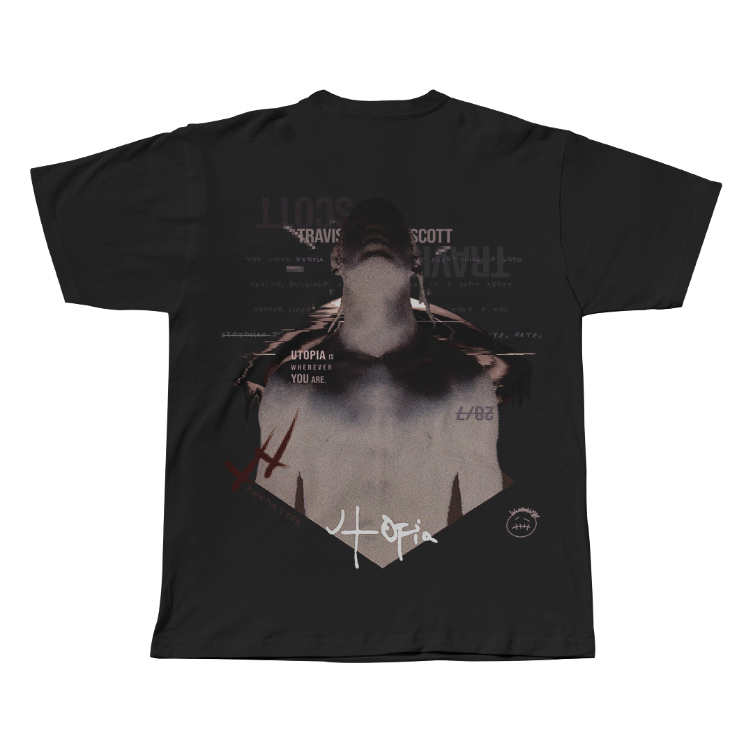 Utopia Travis Scott black oversized streetwear tee back view by Pink Matter