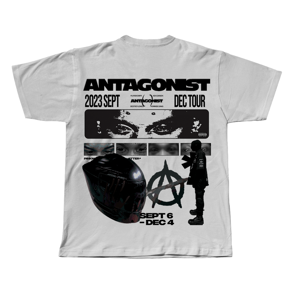 Antagonist Playboi Carti white oversized streetwear tee back view by Pink Matter