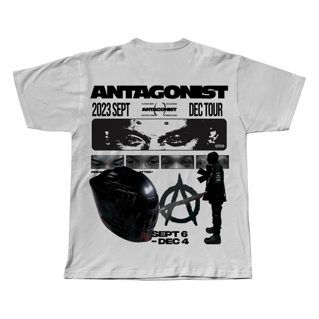 Antagonist Playboi Carti white oversized streetwear tee back view by Pink Matter