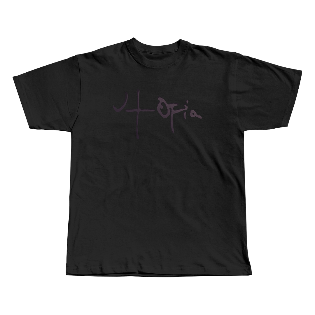 Utopia Travis Scott black oversized streetwear tee front view by Pink Matter