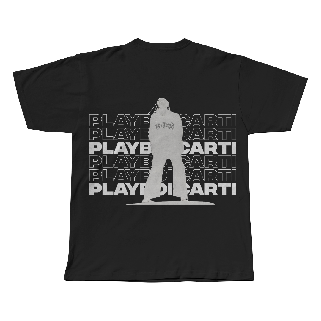 Narcissist V1 Playboi Carti black oversized streetwear tee back view by Pink Matter
