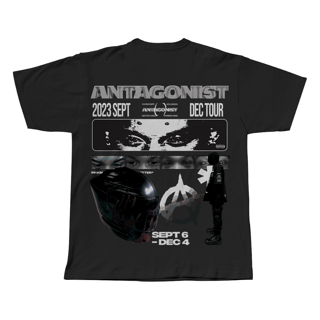 Antagonist Playboi Carti black oversized streetwear tee back view by Pink Matter