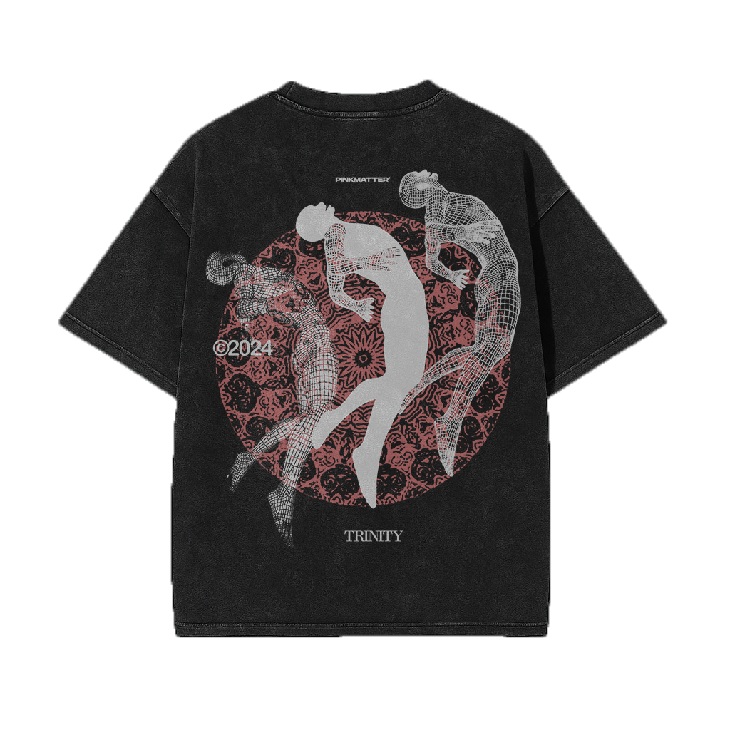 Trinity acid washed vintage oversized streetwear tee back view by Pink Matter