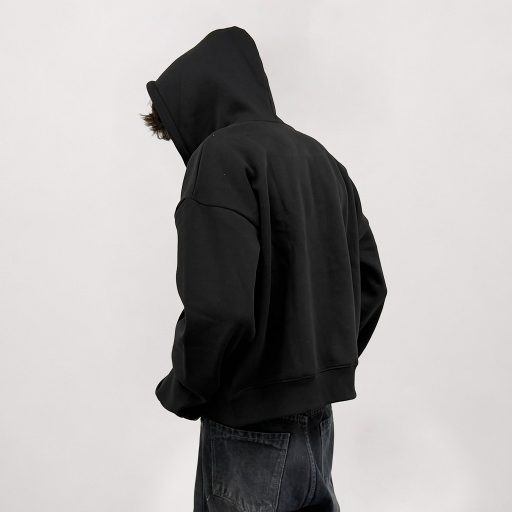 Basic Black Zip-Up Hoodie – 360 GSM Dual Zip Back View