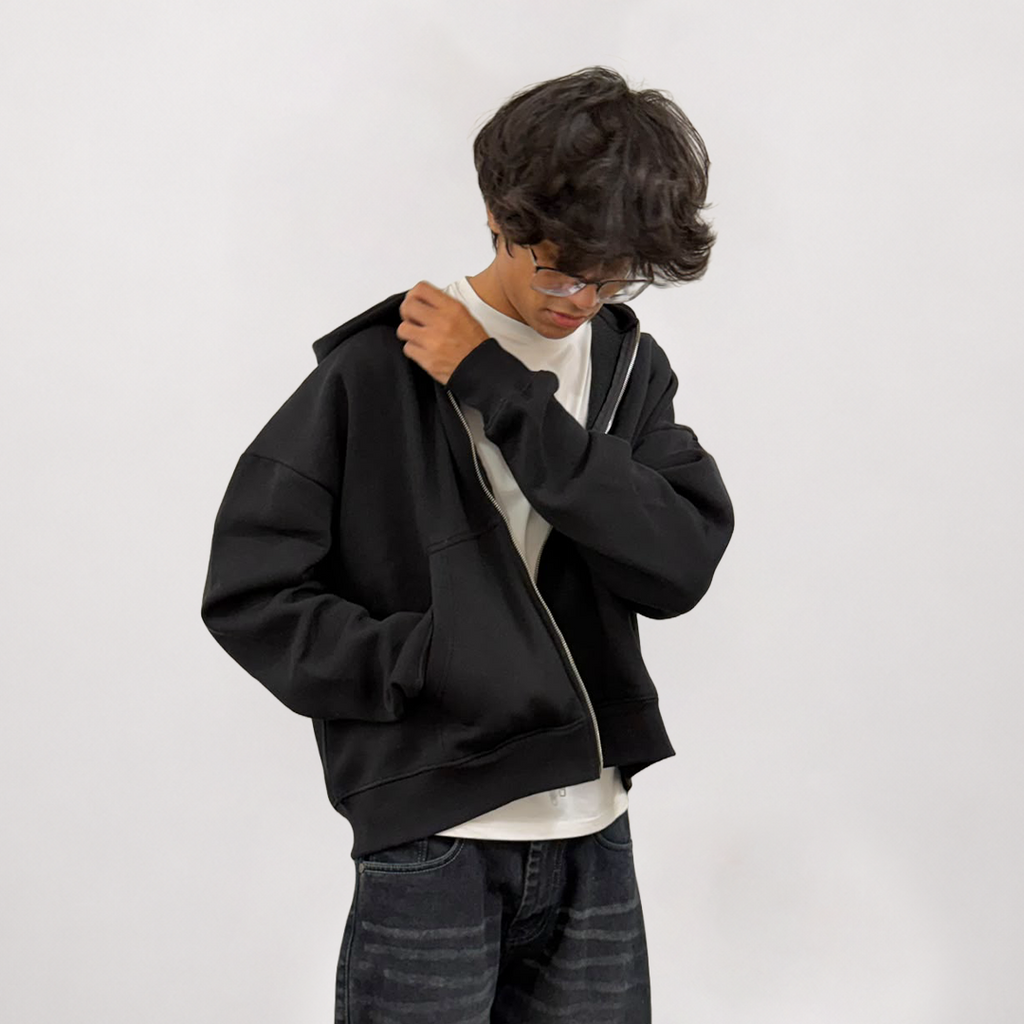 Basic Black Zip-Up Hoodie – 360 GSM Dual Zip Front View