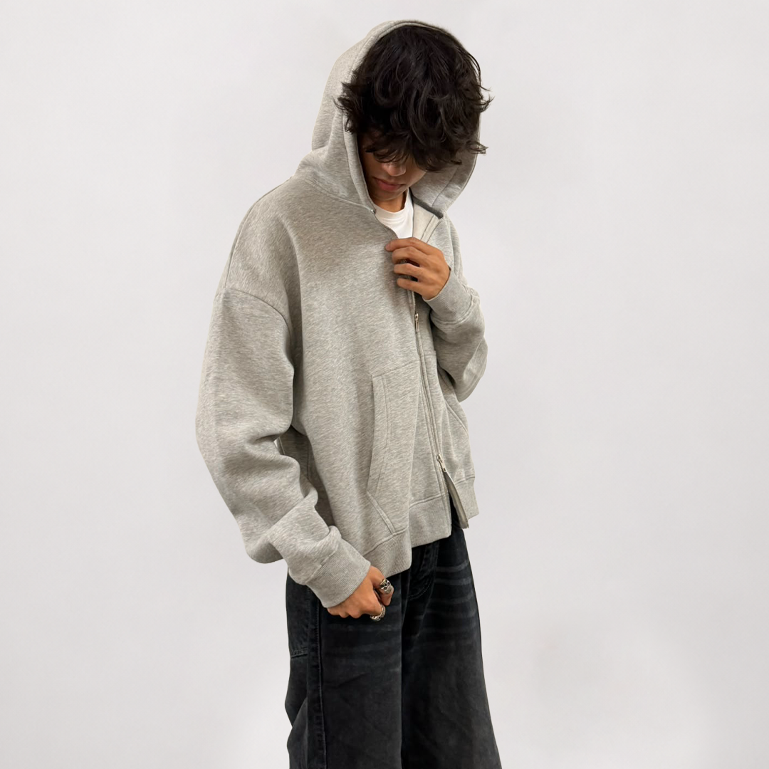 Basic Grey Zip-Up Hoodie – 360 GSM Dual Zip Front View