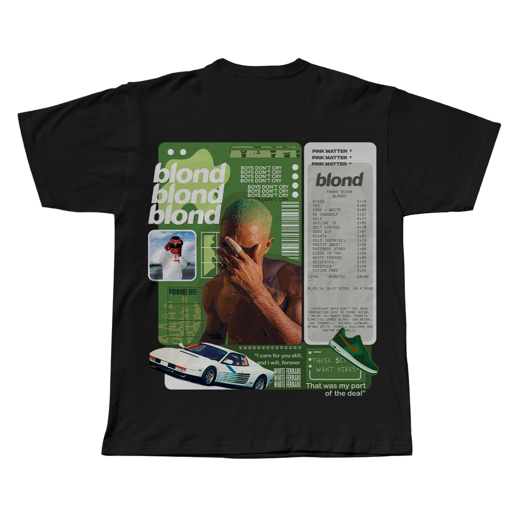 Blonde Frank Ocean black oversized streetwear tee front view by Pink Matter